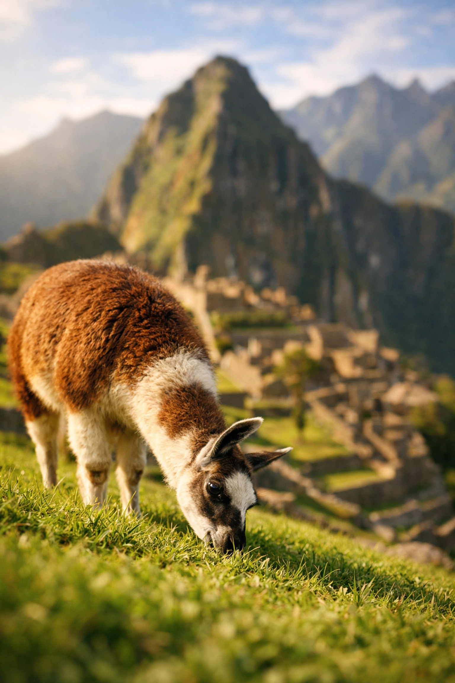 A llama grazing on green terraces at Machu Picchu, a top instagrammable location.