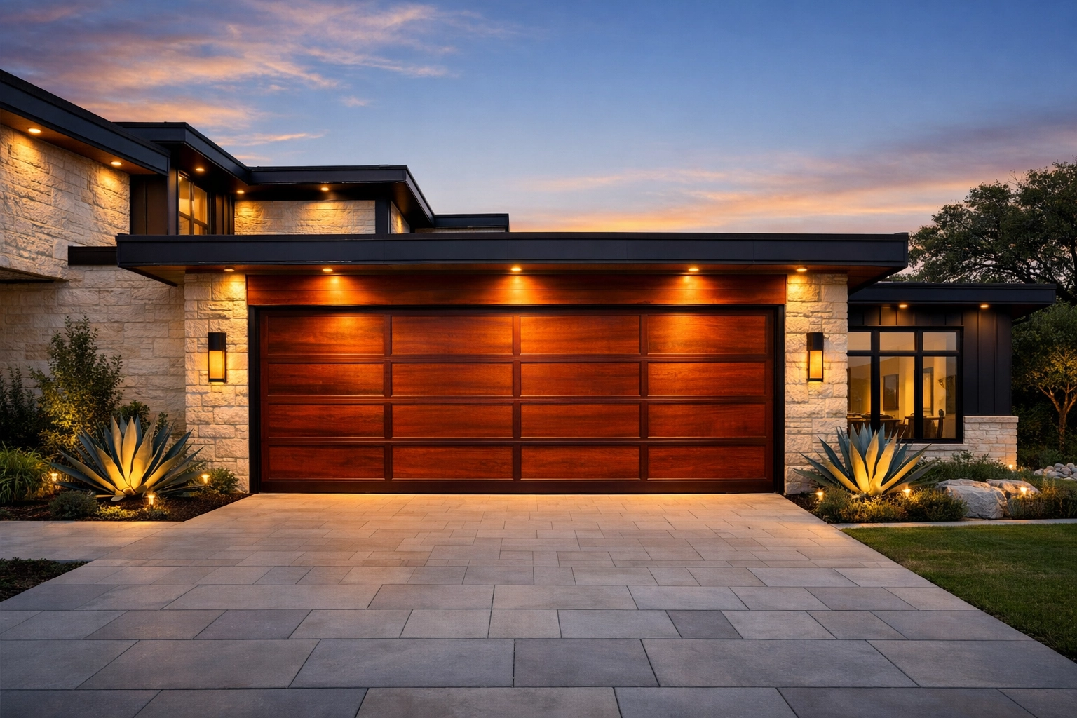 Modern Austin home featuring a luxury cedar garage door with a rich amber stain for curb appeal.