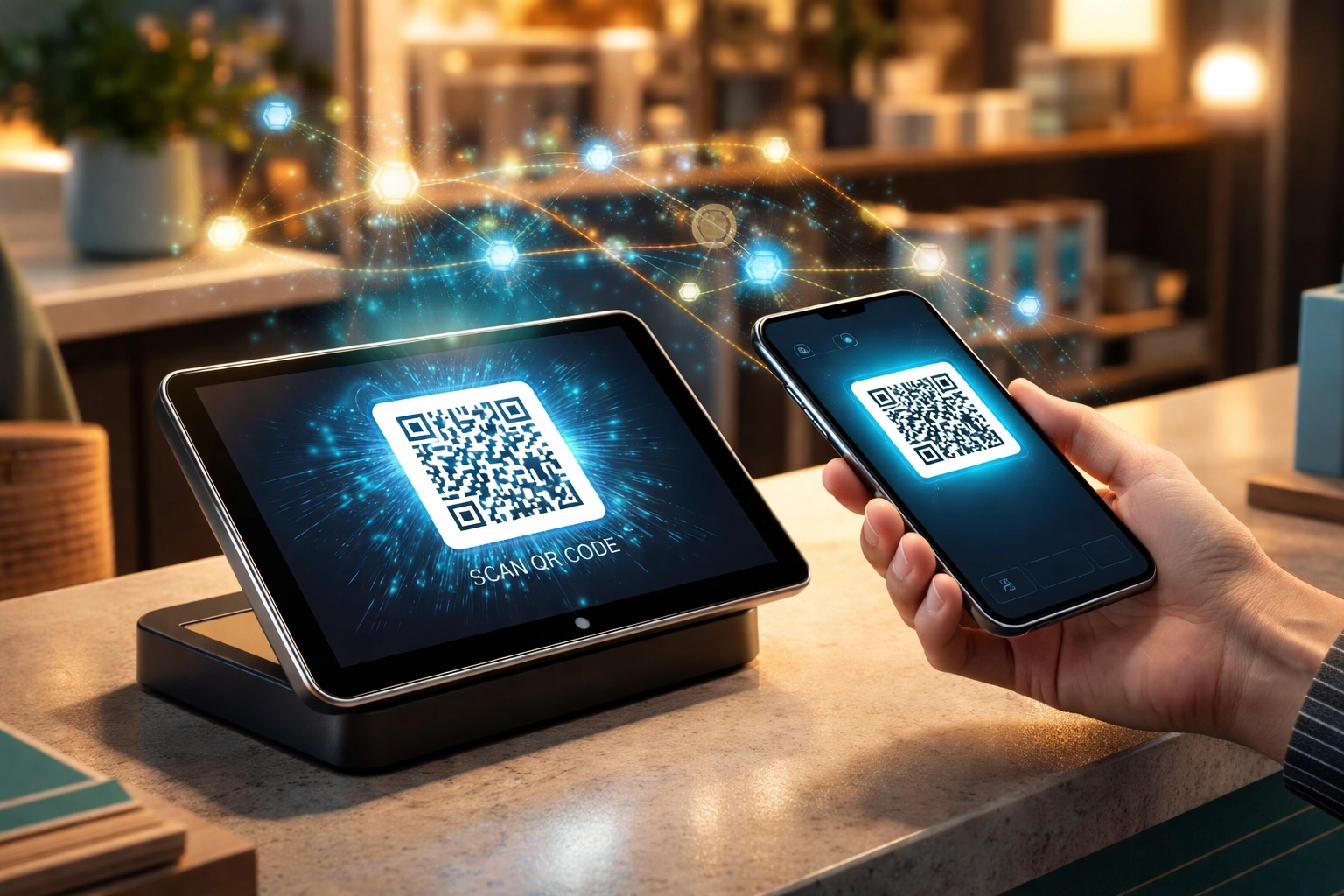 Shop owner accepts digital payment via QR code at checkout, showcasing secure Web3 blockchain transaction in retail environment