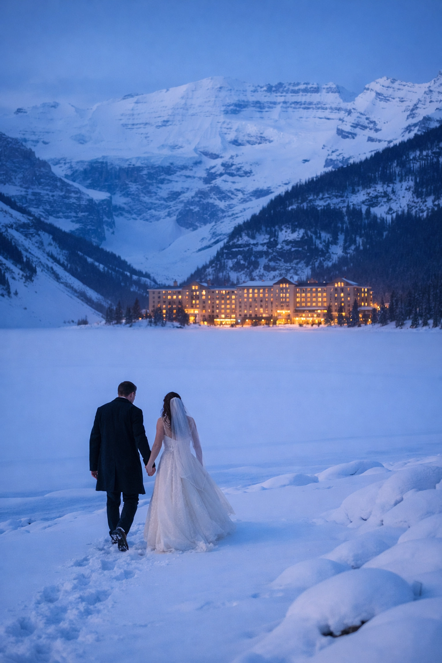 Lake Louise winter wedding elopement with couple walking on frozen lake near Fairmont Chateau