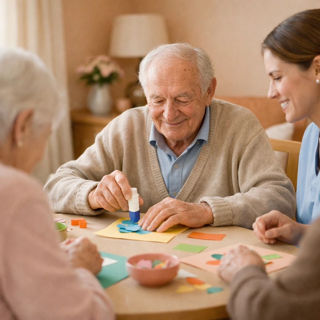 Senior with dementia participating in small-group activity at memory care community