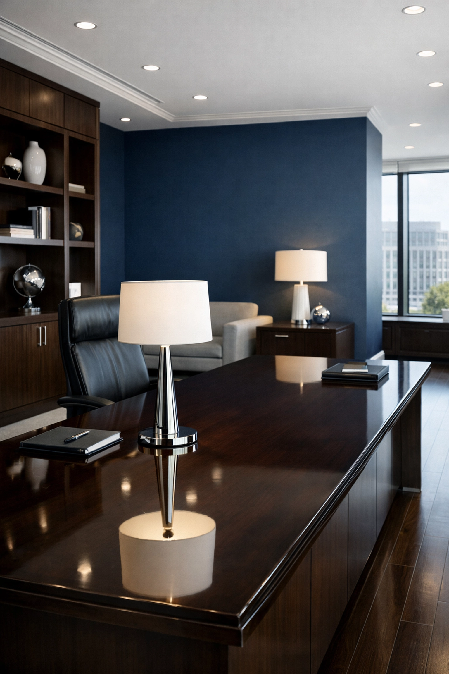 Clean executive office in Arlington MA with a polished desk and navy blue accents.
