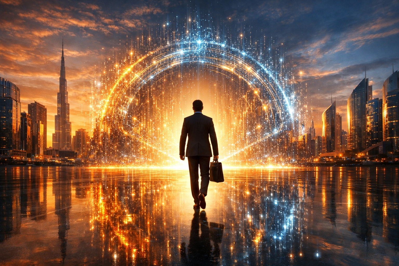 A professional walking toward a digital horizon, symbolizing a future-proof career with AI skills.