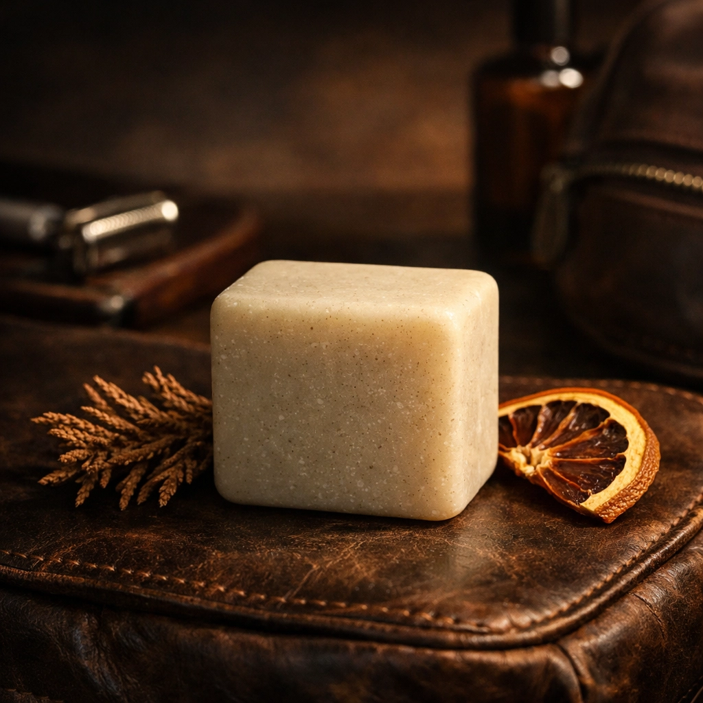 Scented solid beard wash bar on a leather surface with cedarwood and orange scent profiles.