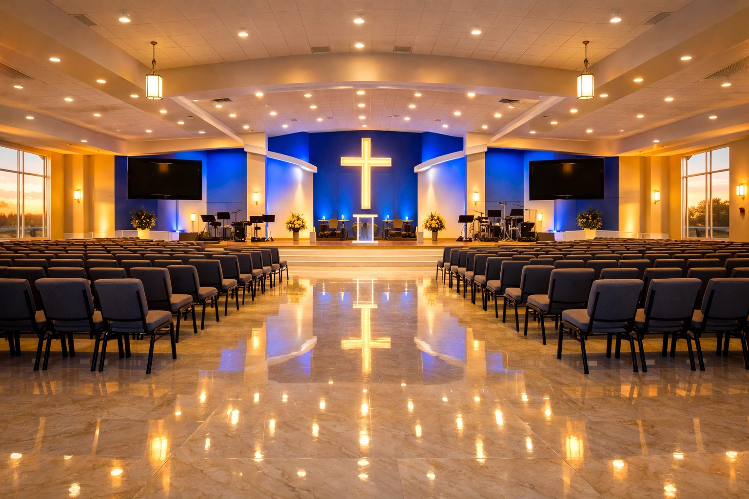 A wide-angle view of a modern church nave with buffed marble floors ready for a community service.