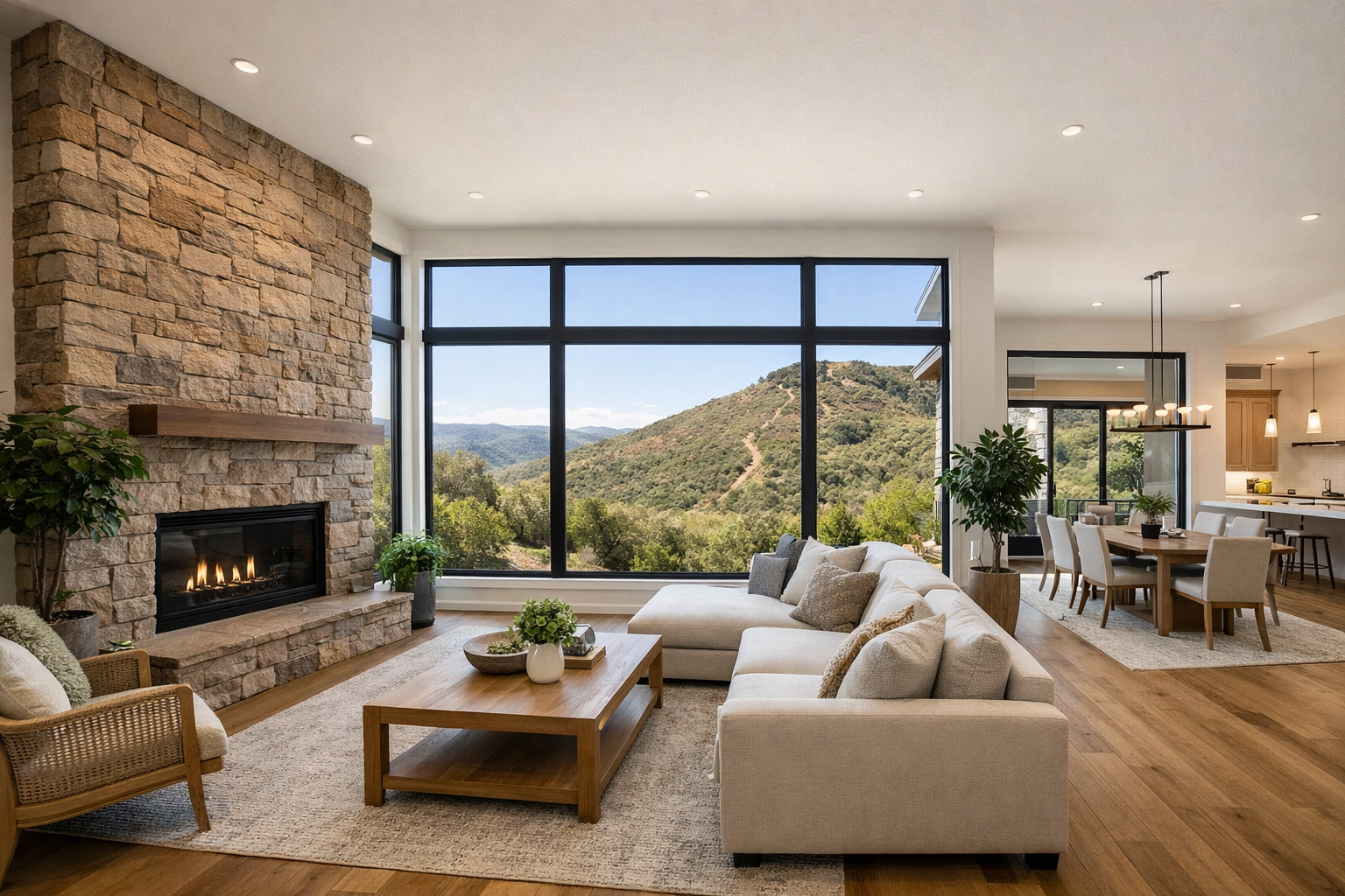 Bright open-concept living room in a Littleton home with floor-to-ceiling windows overlooking the scenic foothills.