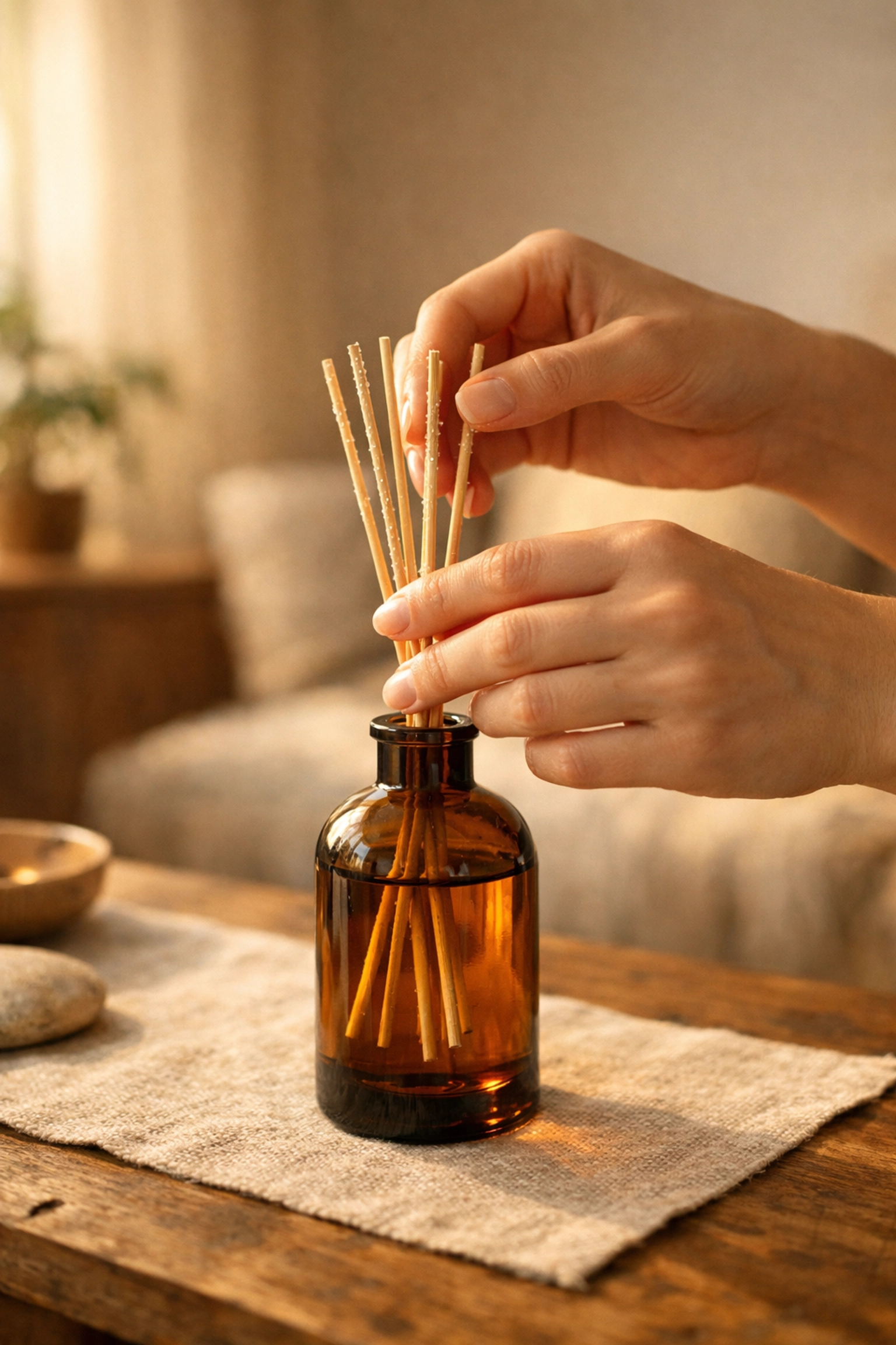 Close-up of hands flipping natural rattan reeds in an amber glass reed diffuser to refresh the home fragrance.