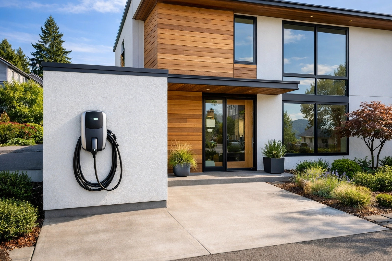 Sleek EV charger installed at a modern residence by an electrician in Portland Maine.