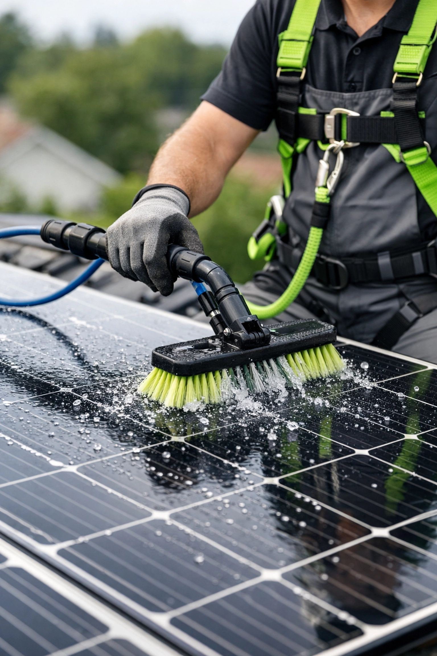 Technician cleaning rooftop solar panels, showing simple solar maintenance for best output