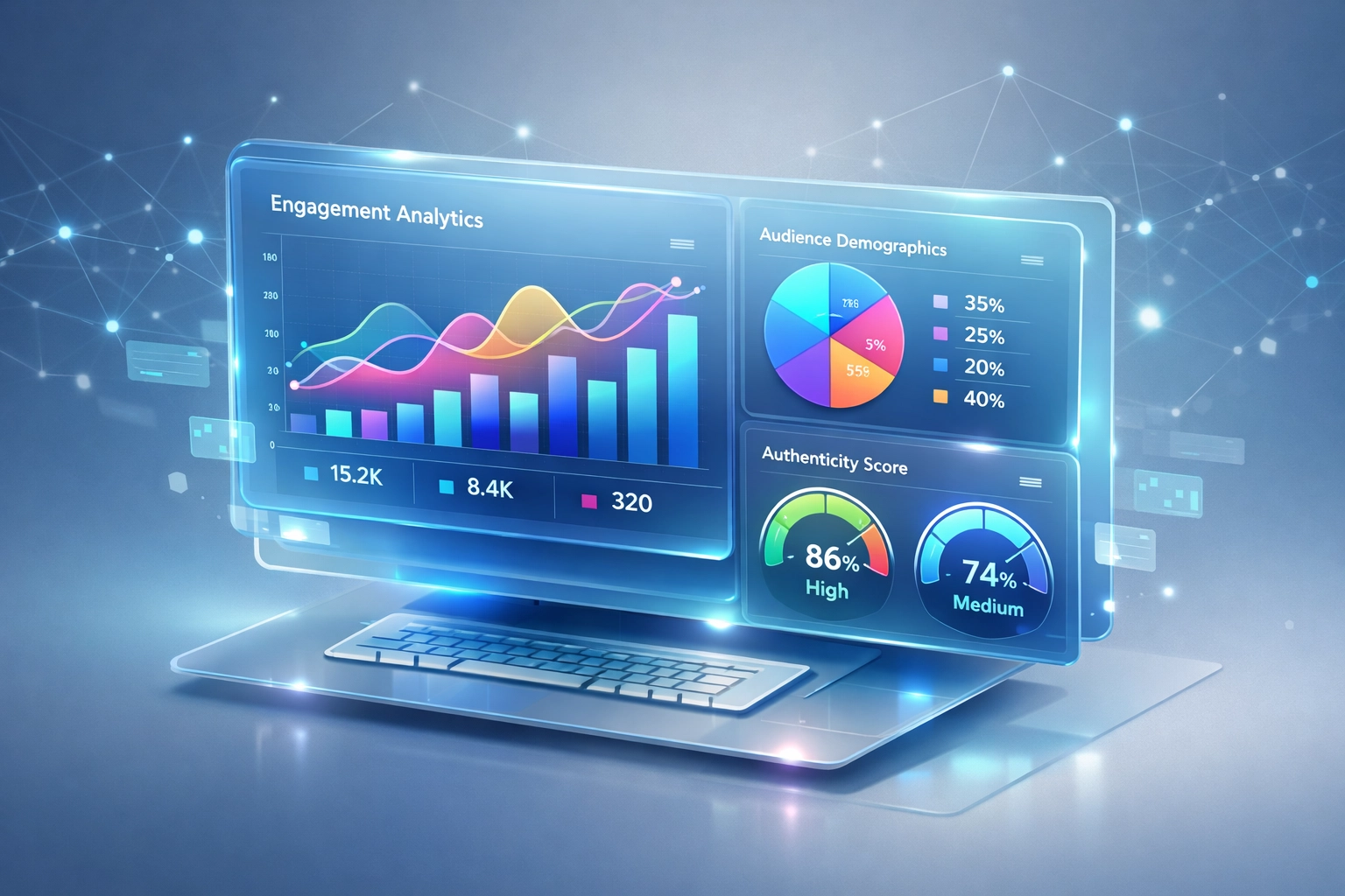 Influencer analytics dashboard displaying engagement rates and audience demographics for vetting