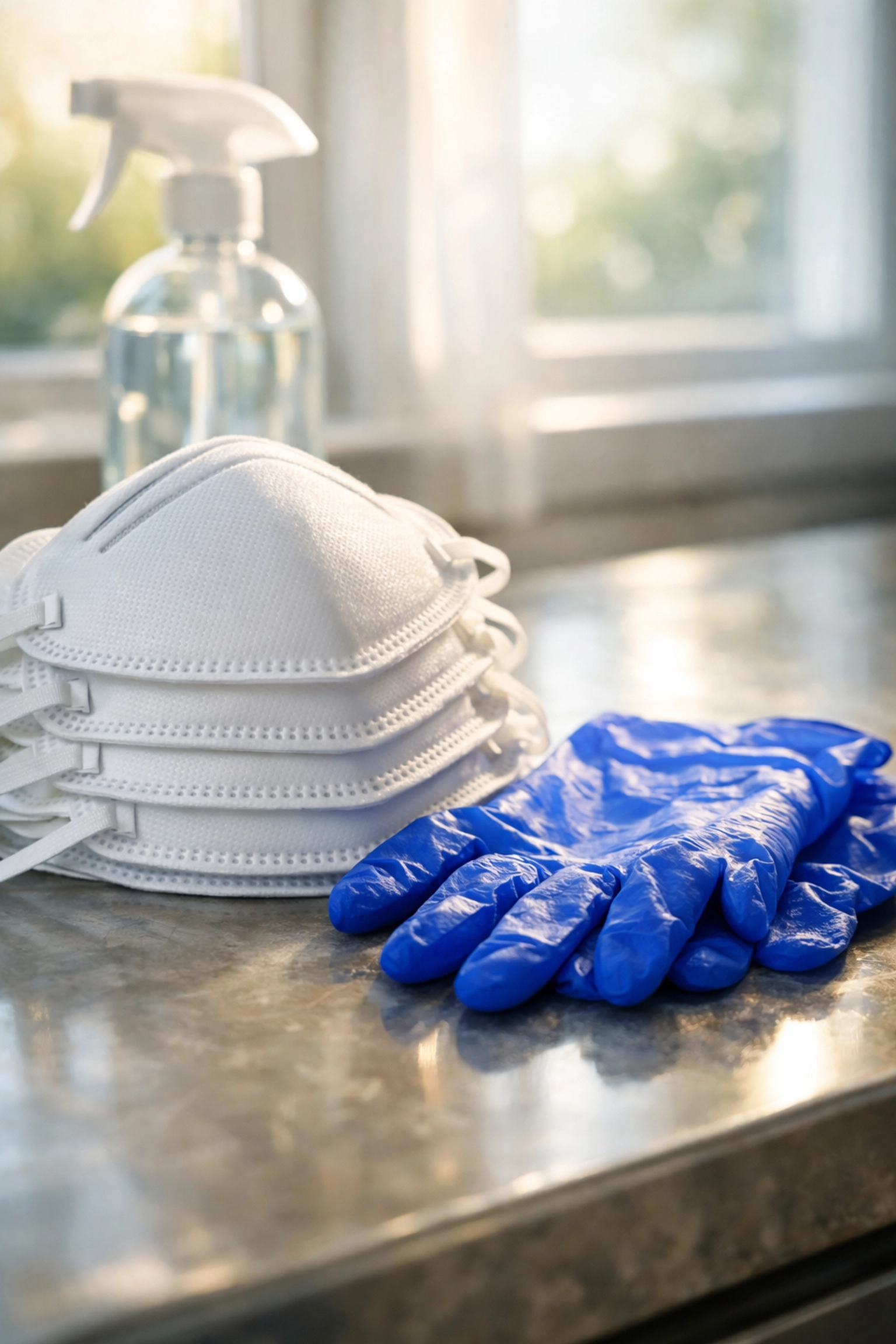Essential PPE including N95 masks and nitrile gloves for home sanitation and pandemic safety.