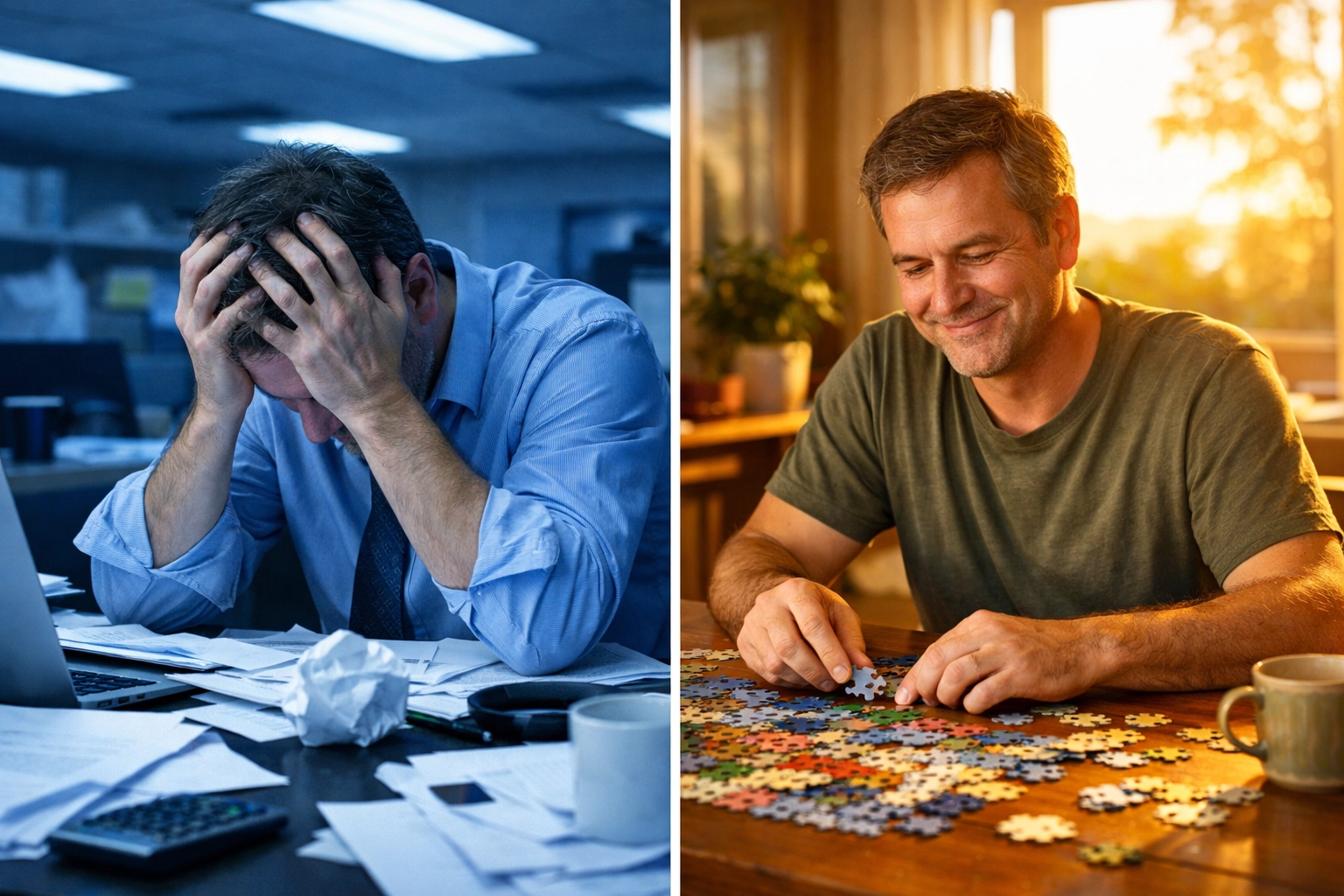 Adult transitioning from work stress to relaxation while solving a puzzle at home