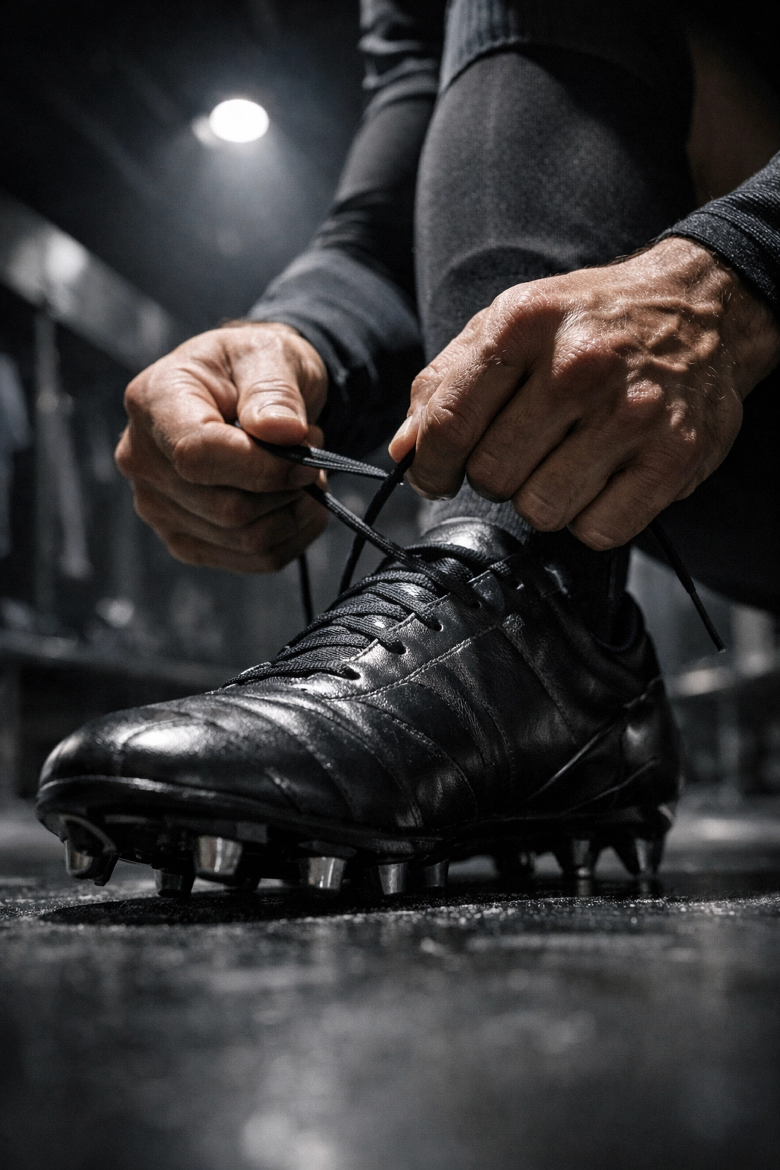 Close-up of an athlete's hands tying football cleats as a pre-game ritual for mental grounding.