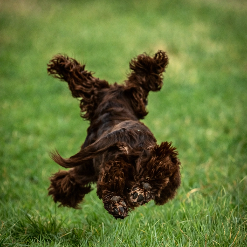 Spaniel in mid-leap, bounding through lush grass, ears flying and paws off the ground.