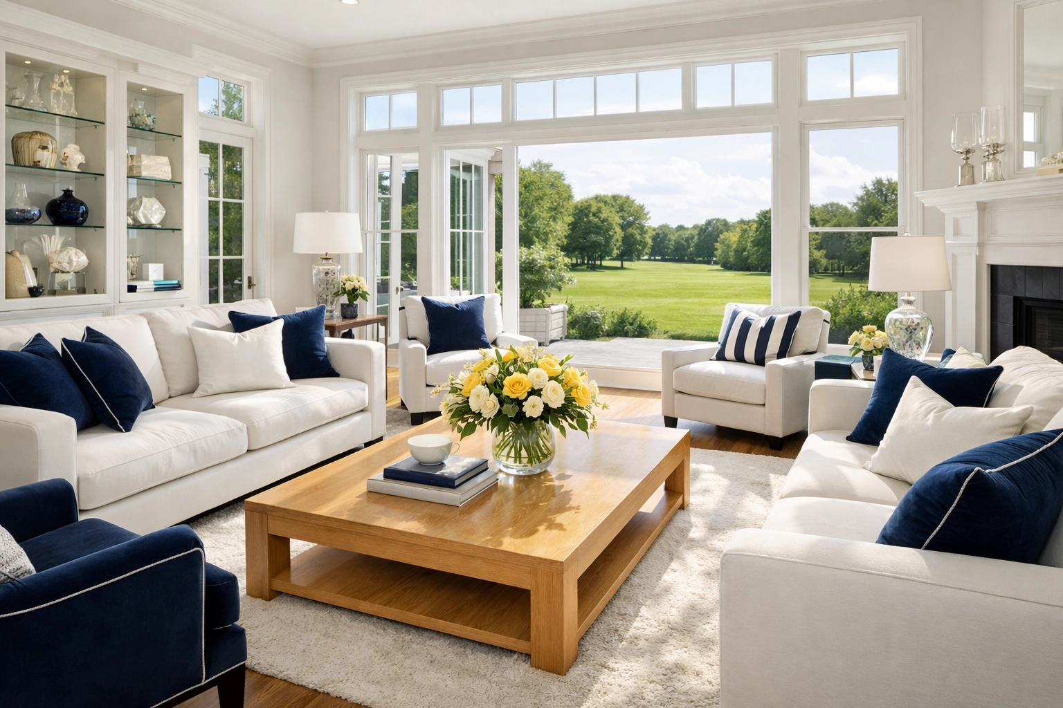 Sun-drenched luxury living room cleaned by professional House Cleaning Shirley MA experts.