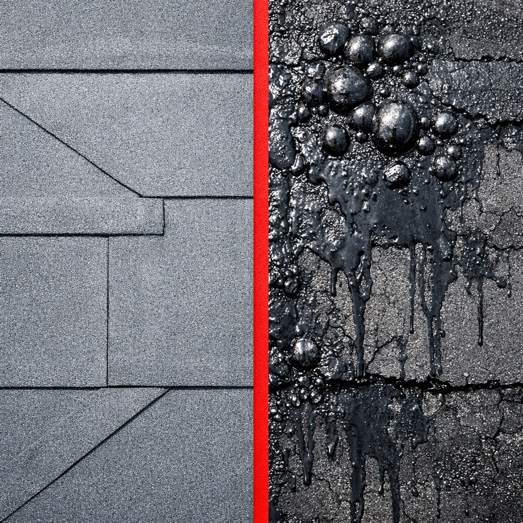 Commercial roof showing chemical damage from mixing coal tar and asphalt materials