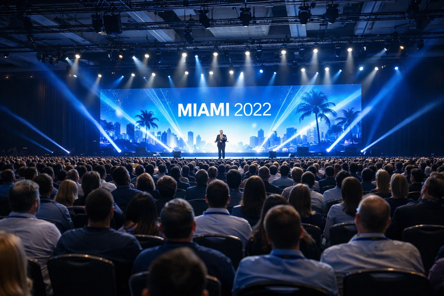 Trade show photographer Miami captures a high-energy keynote session in a large conference hall.