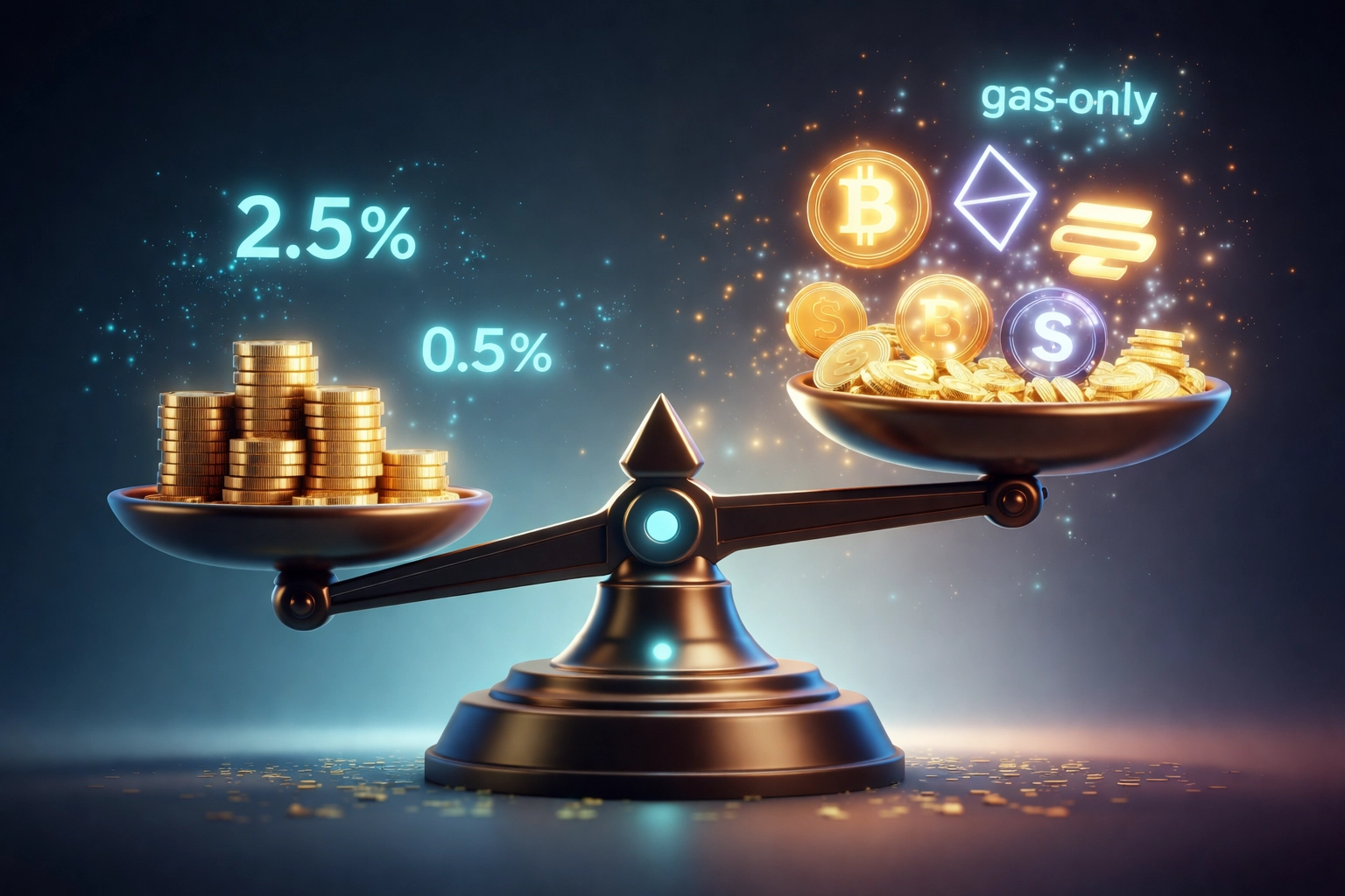 Digital scale compares gold coins to cryptocurrency symbols, illustrating Larecoin's reduced merchant interchange fees for small business crypto POS systems.