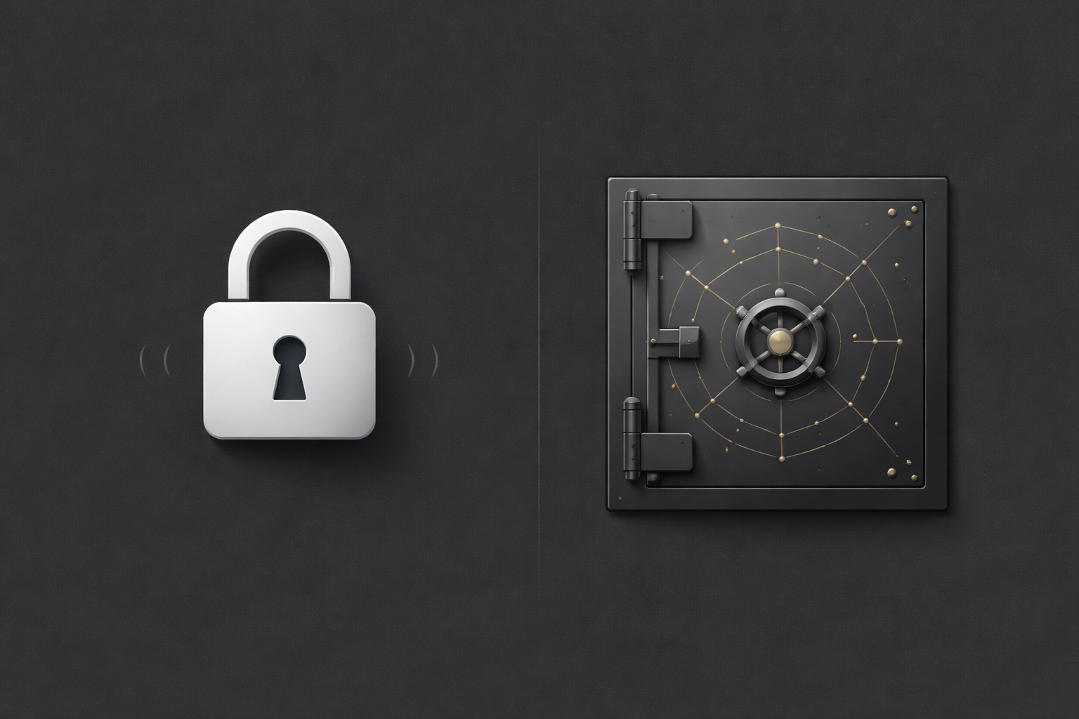 Side-by-side illustration of a padlock and vault door symbolising traditional versus cryptographic security.