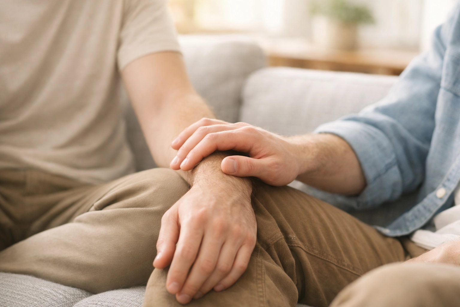 A tender moment of trust and support as two men sit closely, showing the emotional depth of MM romance.