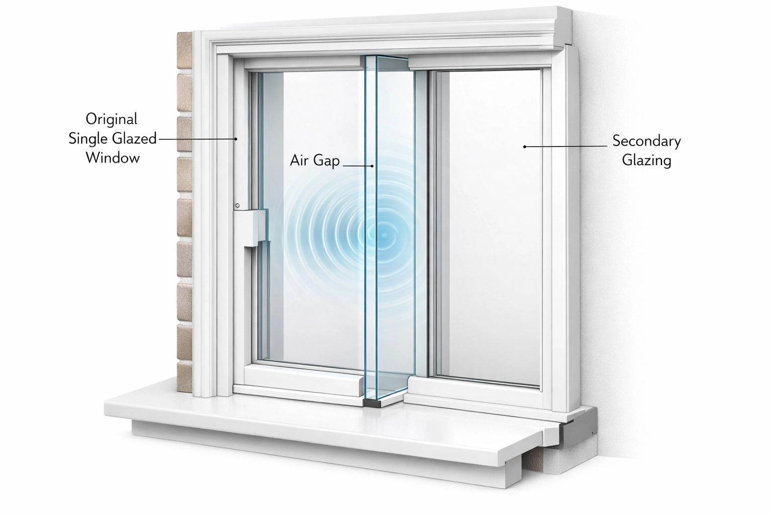 How secondary glazing works with air gap between panes to reduce noise in sash windows