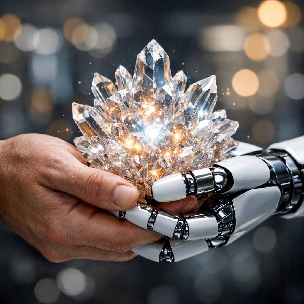 A human and robot hand collaborating on a digital core, showing the synergy of customer service automation.