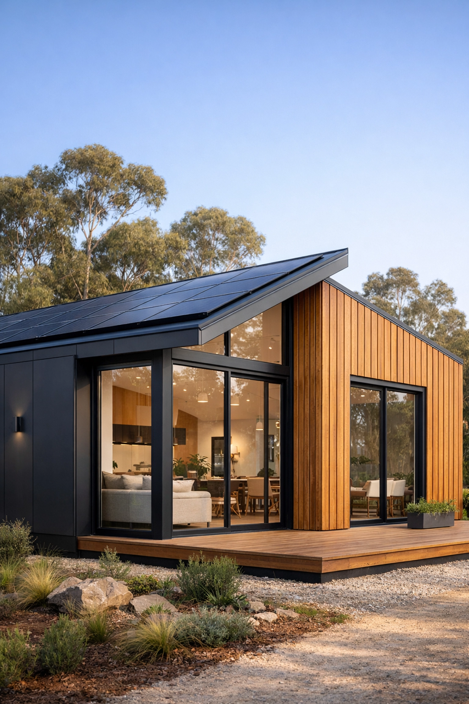 Eco-friendly 10-star modular home with solar panels and sustainable timber cladding in an Australian setting.