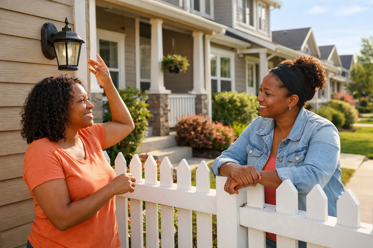 Neighbors discussing exterior lighting responsibilities in their HOA community