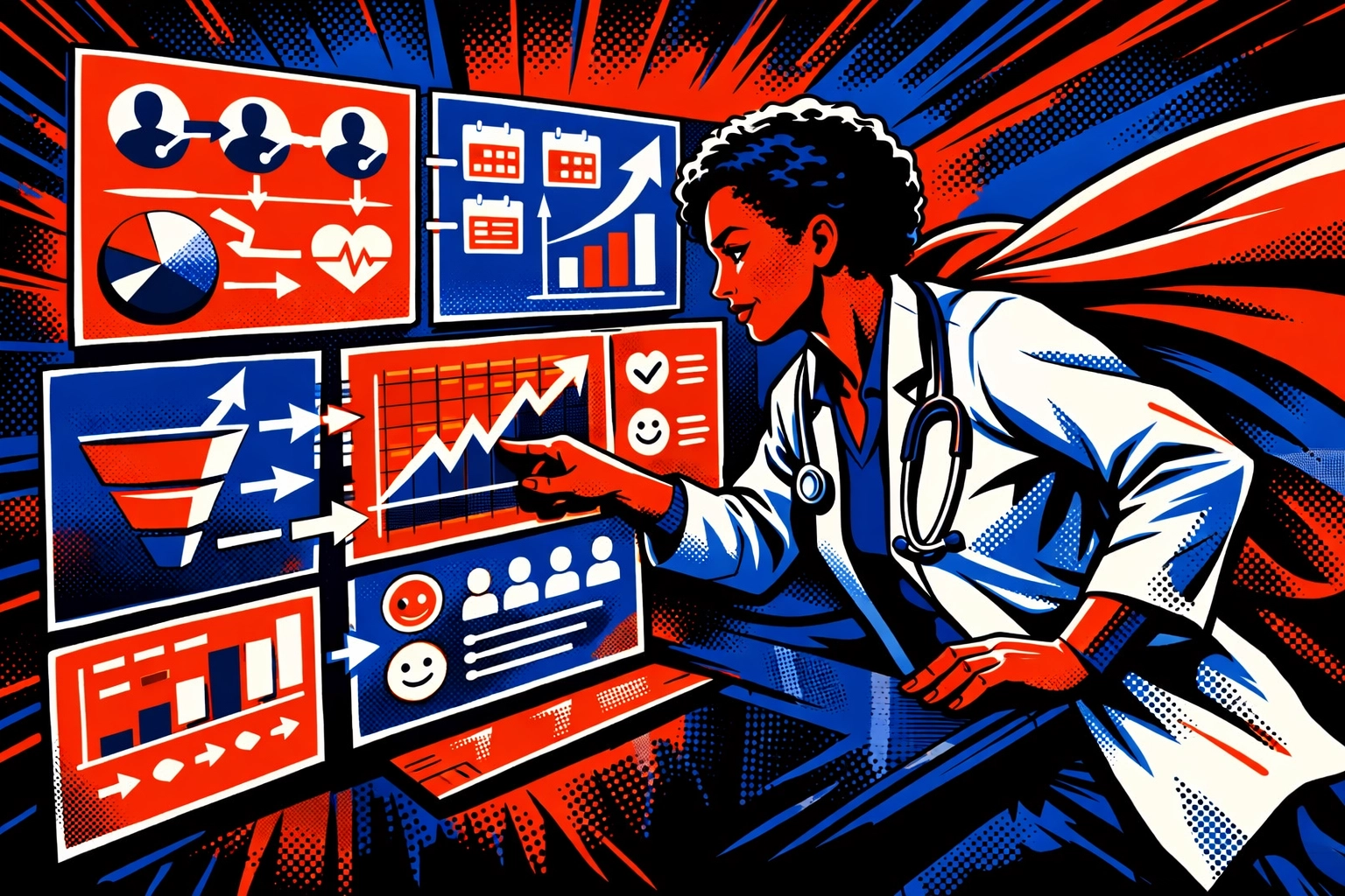 Retro comic-style provider managing patient retention and follow-up with an optimized CRM dashboard.