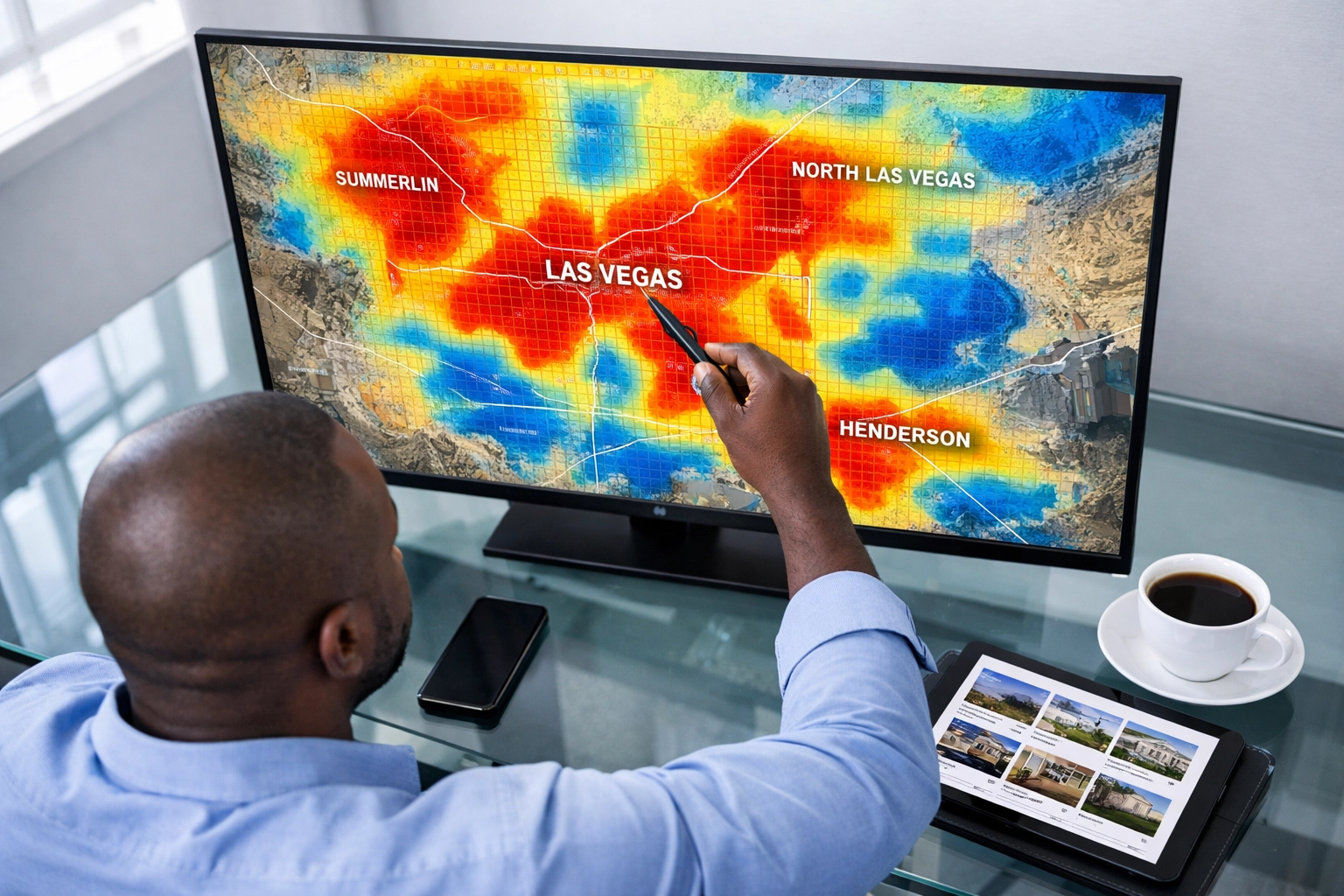 Real estate professional analyzing AI-powered market heat map of Las Vegas neighborhoods