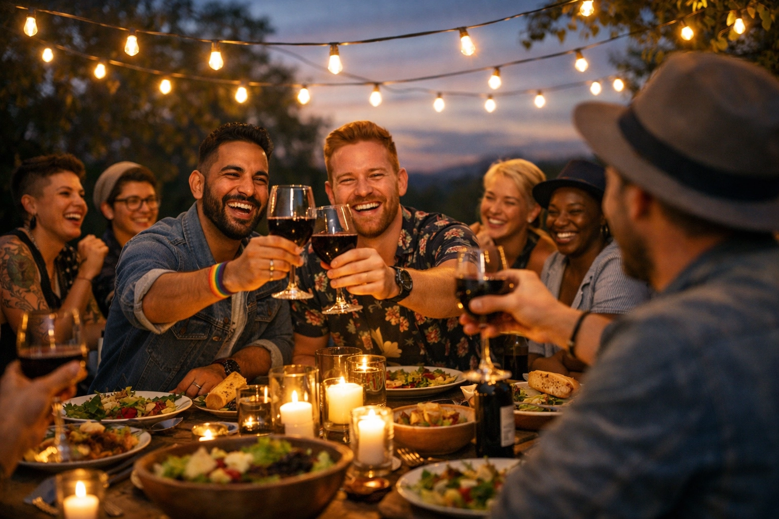 A diverse group of queer friends sharing a meal outdoors, celebrating the power of chosen family.