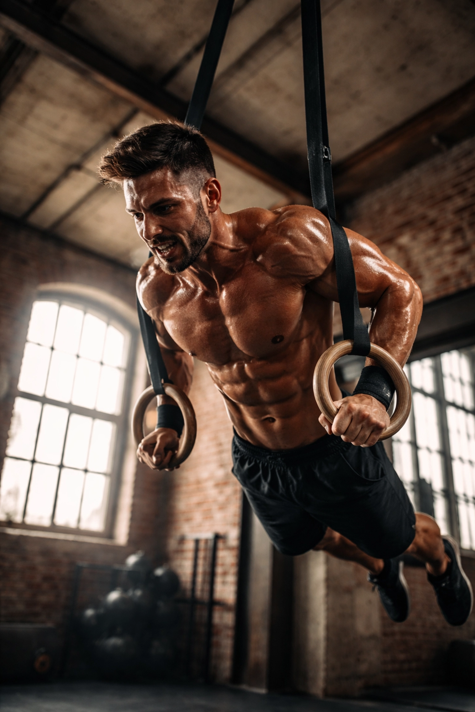 Muscular athlete doing ring dips in a loft apartment, demonstrating full body calisthenics workout without wall damage