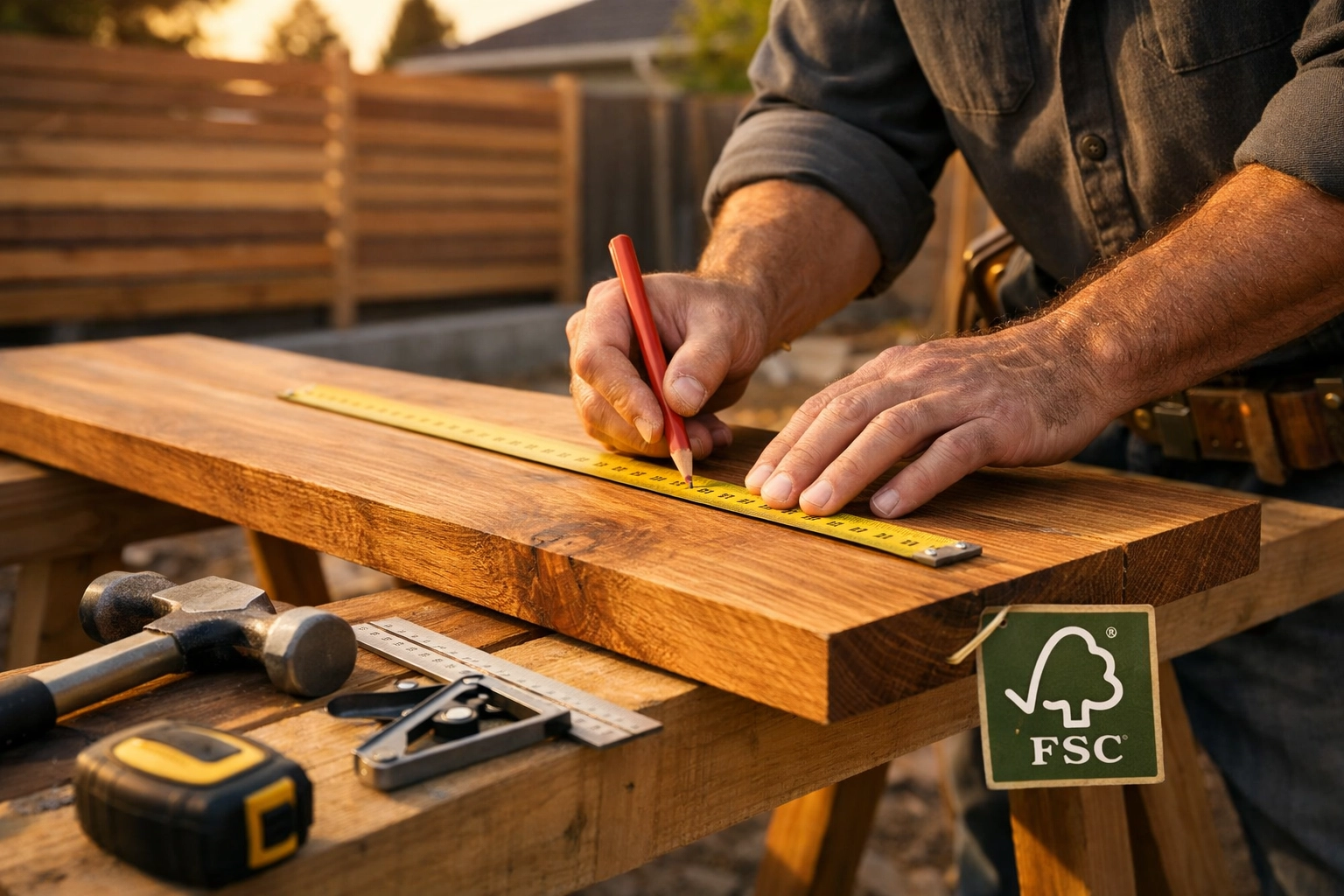 Craftsman measuring FSC-certified timber fence panels for quality installation