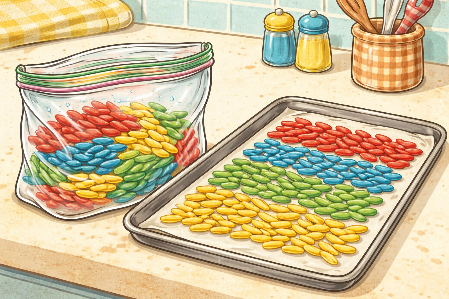 Ziplock bag of colorful dyed pasta on a baking sheet, showing DIY sensory bin materials for children's construction play