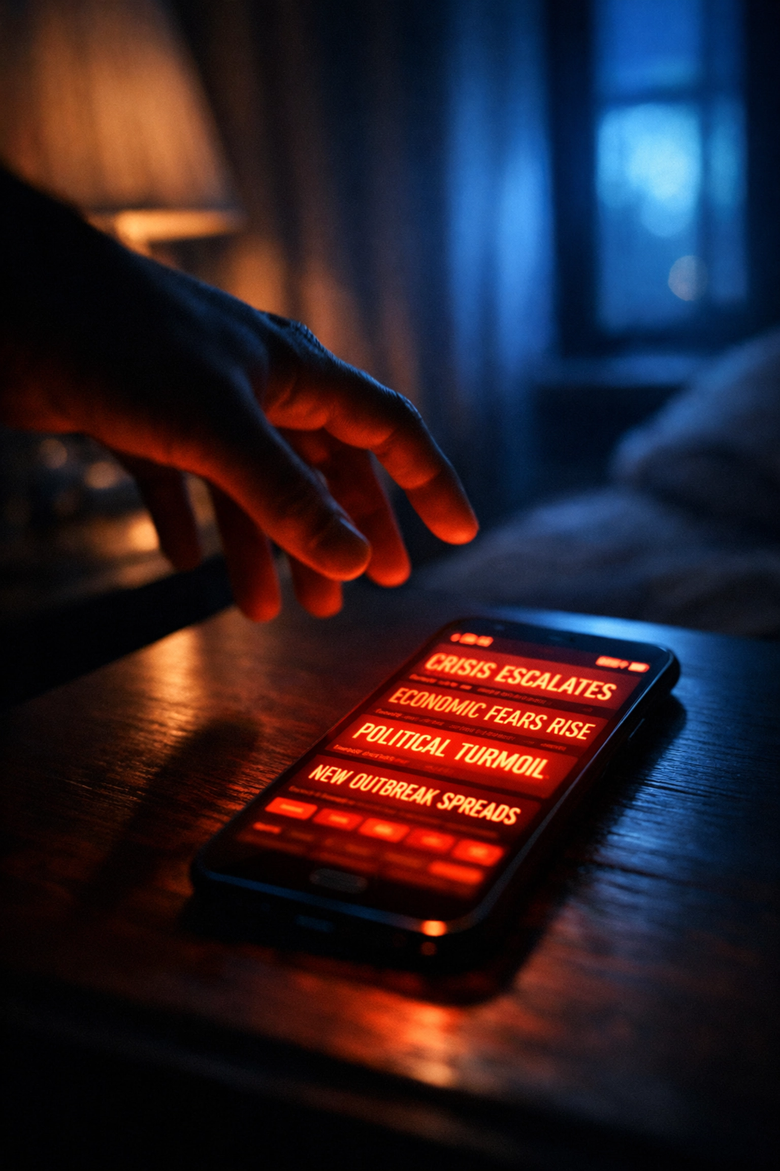 Person reaching for glowing smartphone at night showing doomscrolling and news anxiety