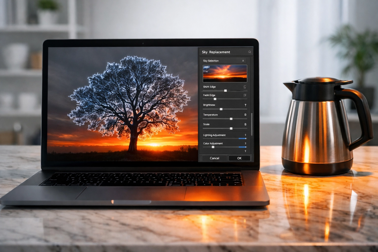 Laptop screen showing AI masking and sky replacement in the ultimate guide to photo editing.