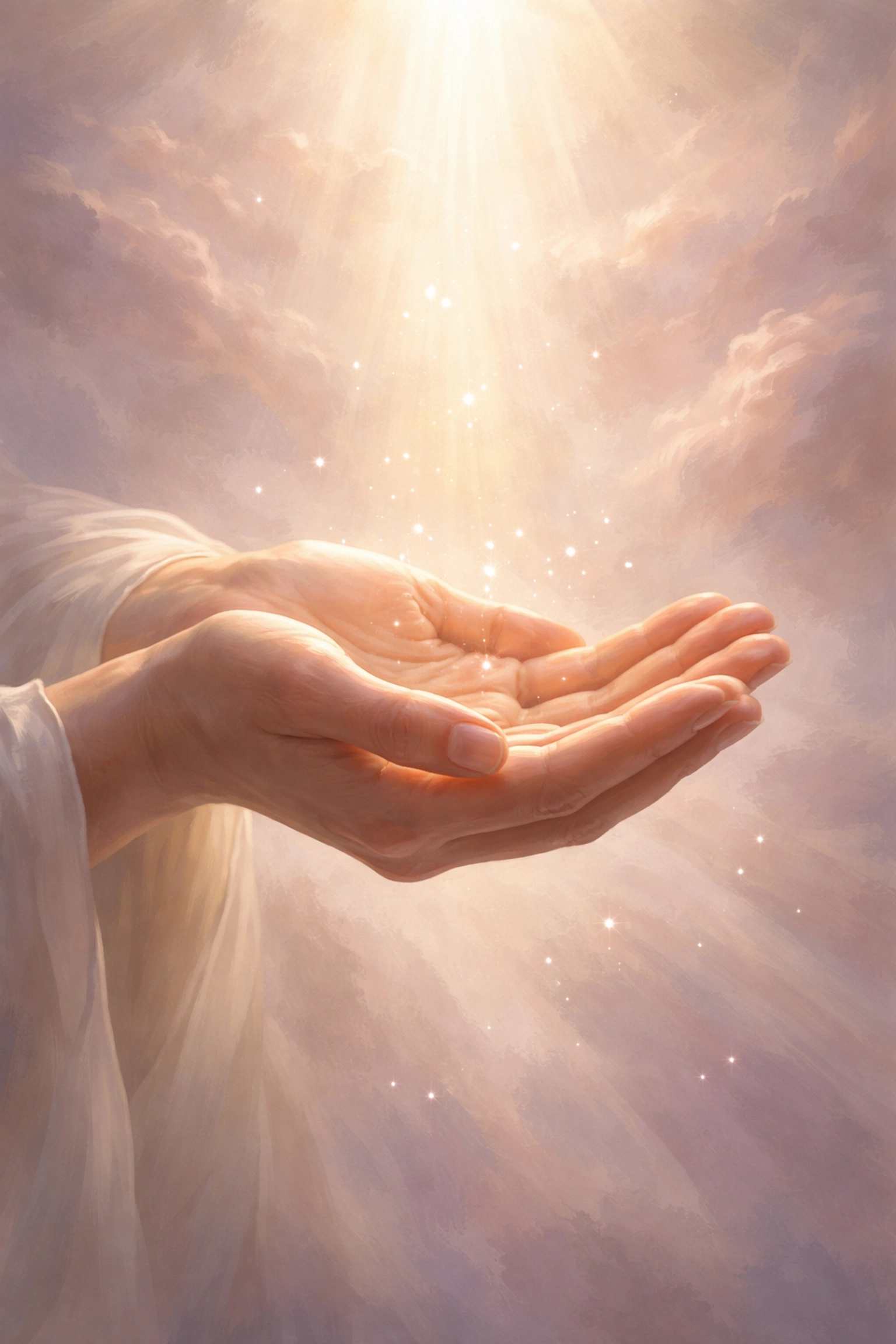 Hands open in prayer, glowing with faith and expectation for the baptism in the Holy Spirit