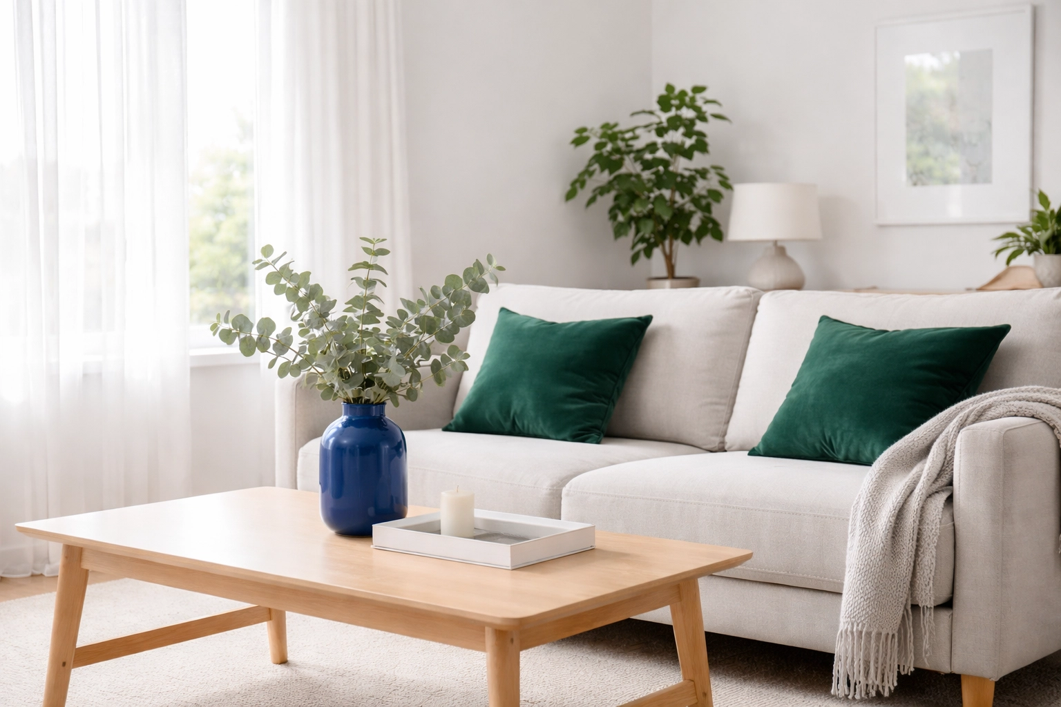 Minimalist living room with emerald and cobalt accents, showcasing peaceful and functional home design.