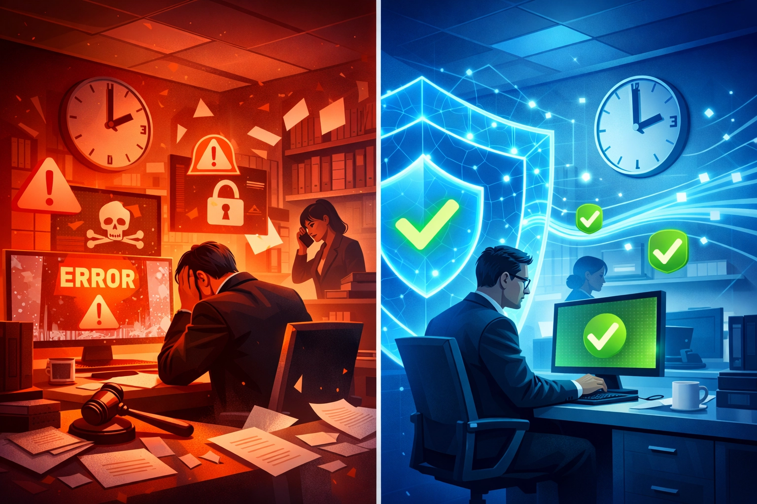 Law firm IT security comparison showing unprotected vs protected systems with 24/7 monitoring
