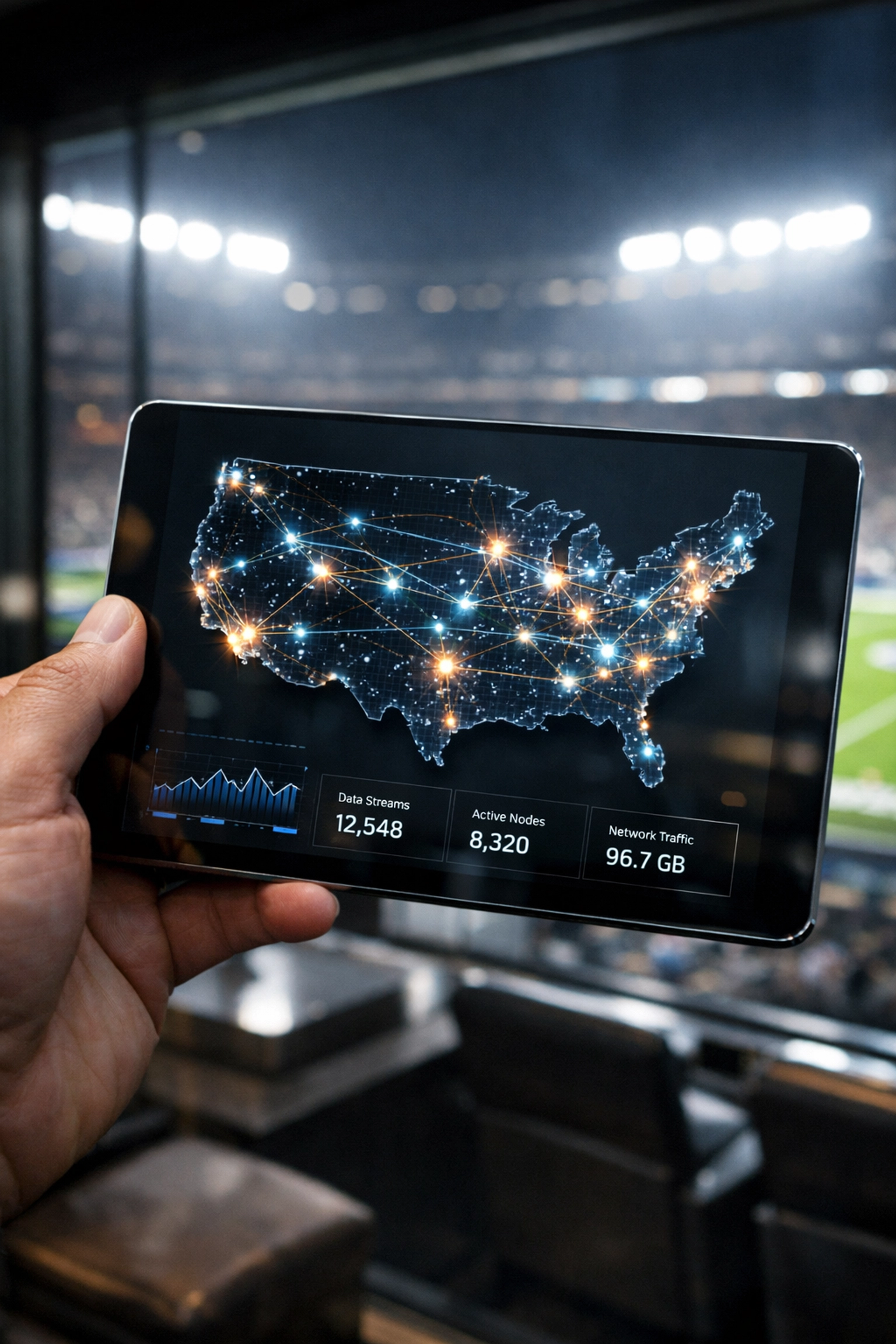 A digital tablet showing real-time sports marketing engagement metrics across a map of the United States.