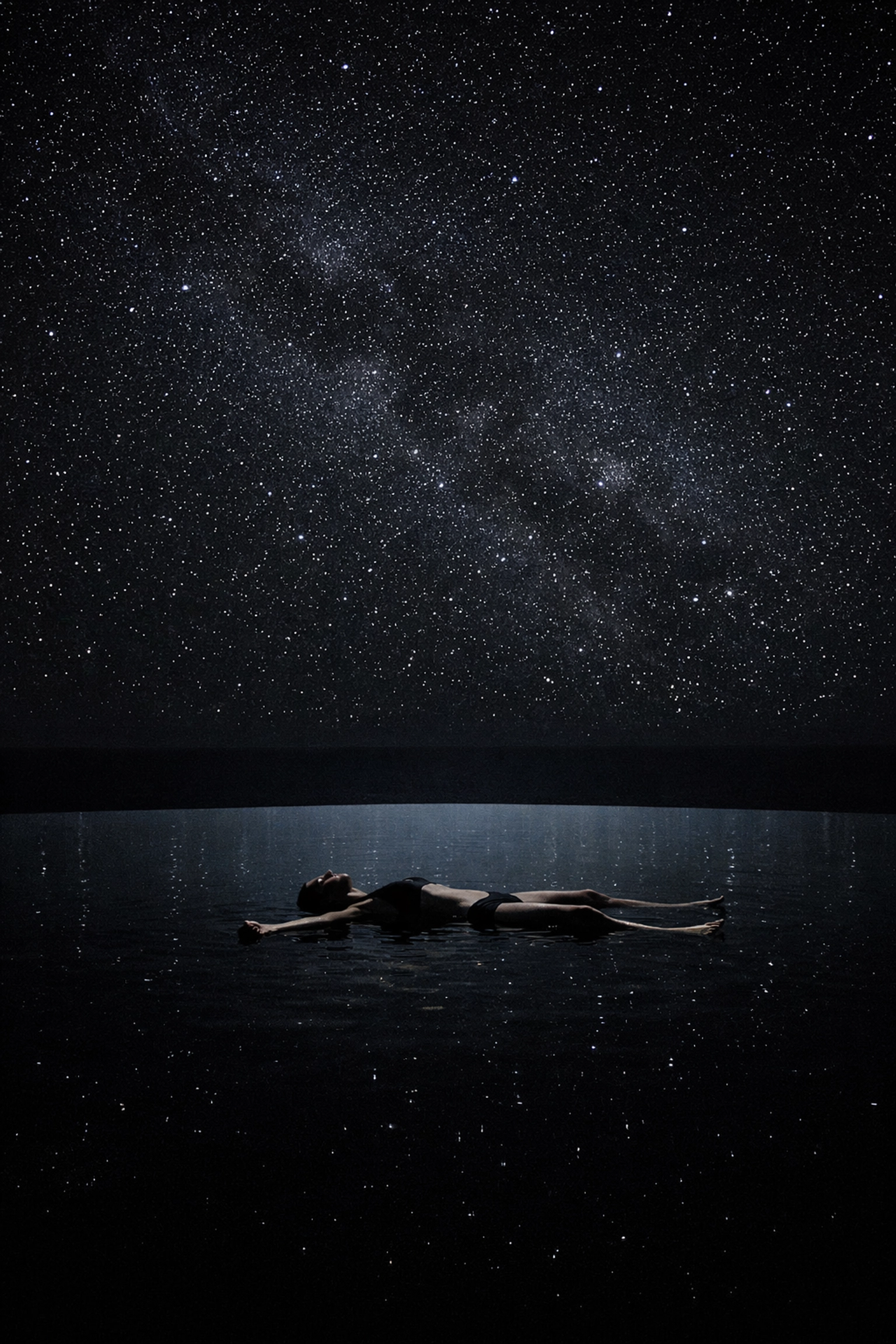 A silhouette floating in an infinity pool under stars, capturing restorative intentional travel.