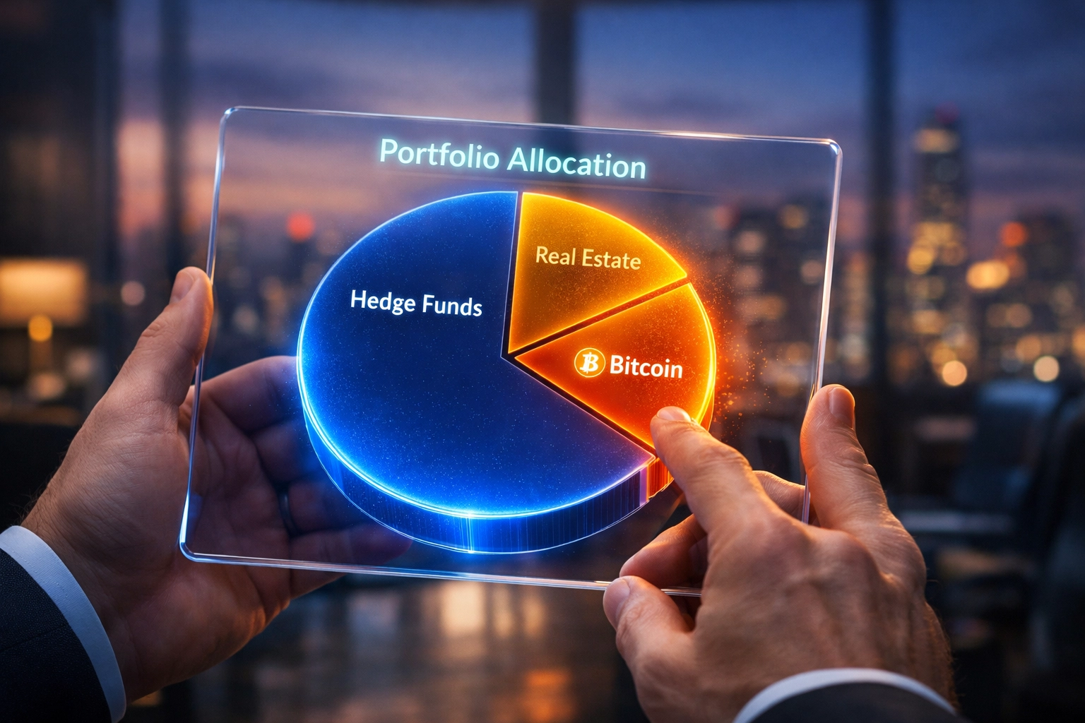 Portfolio allocation chart showing hedge funds, real estate, and Bitcoin diversification
