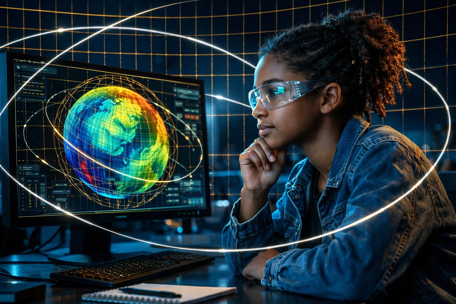 Student analyzing a 3D Earth geoid model, honoring Dr. Gladys West’s mathematical legacy in GPS technology development.