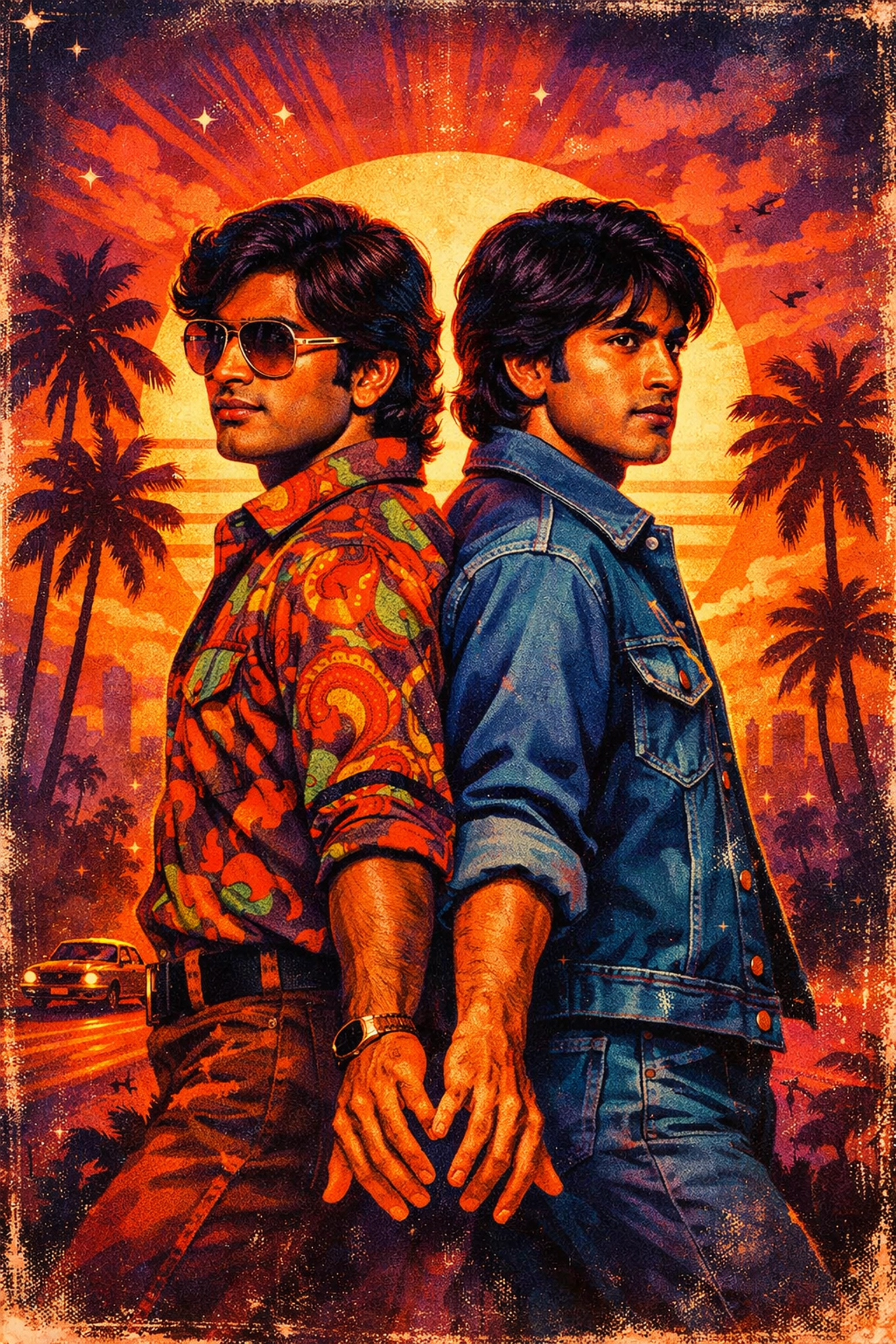 Retro Bollywood-style illustration of Indian men in yaari friendship with romantic undertones