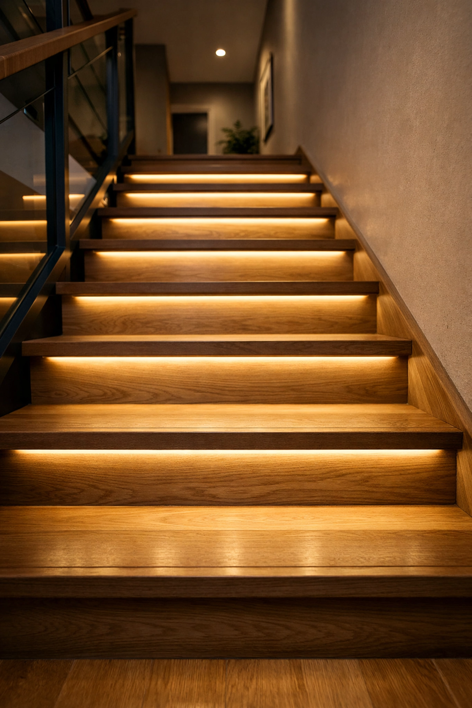 Motion-activated LED lighting strips installed under wooden stair treads to increase visibility and prevent falls.