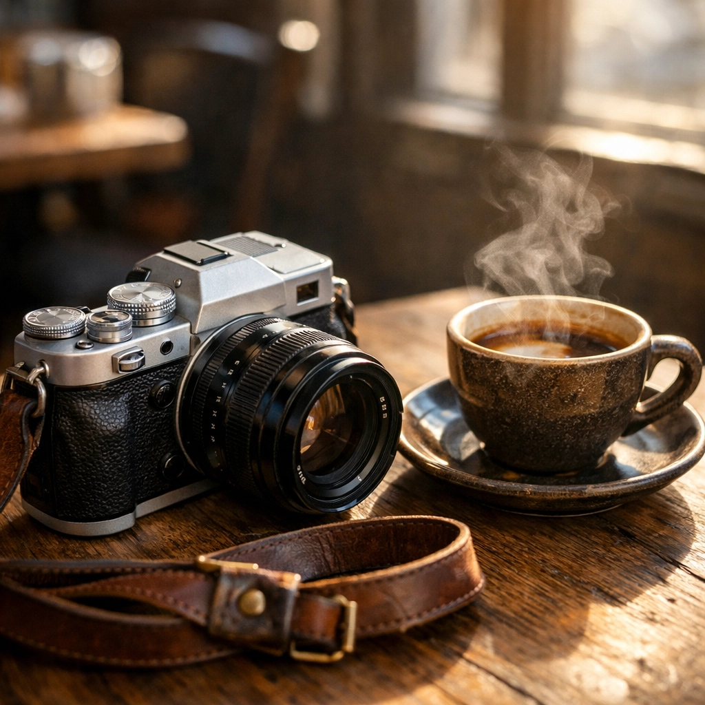 Retro Fujifilm mirrorless camera, part of the new camera releases, sitting on a cafe table with coffee.
