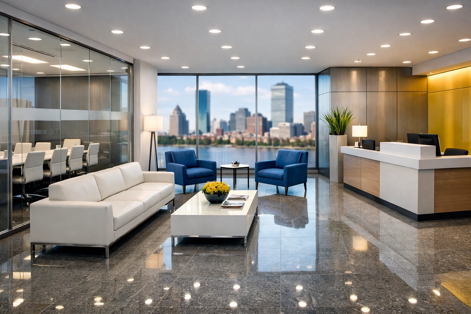 Modern Boston office lobby maintained by professional commercial cleaning services near me.