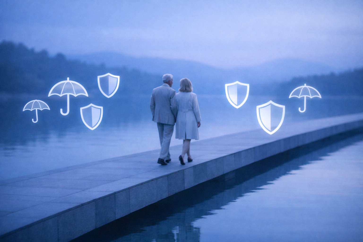 Retired couple walking with symbolic tax protection icons to illustrate a strategic tax-free gap year plan.