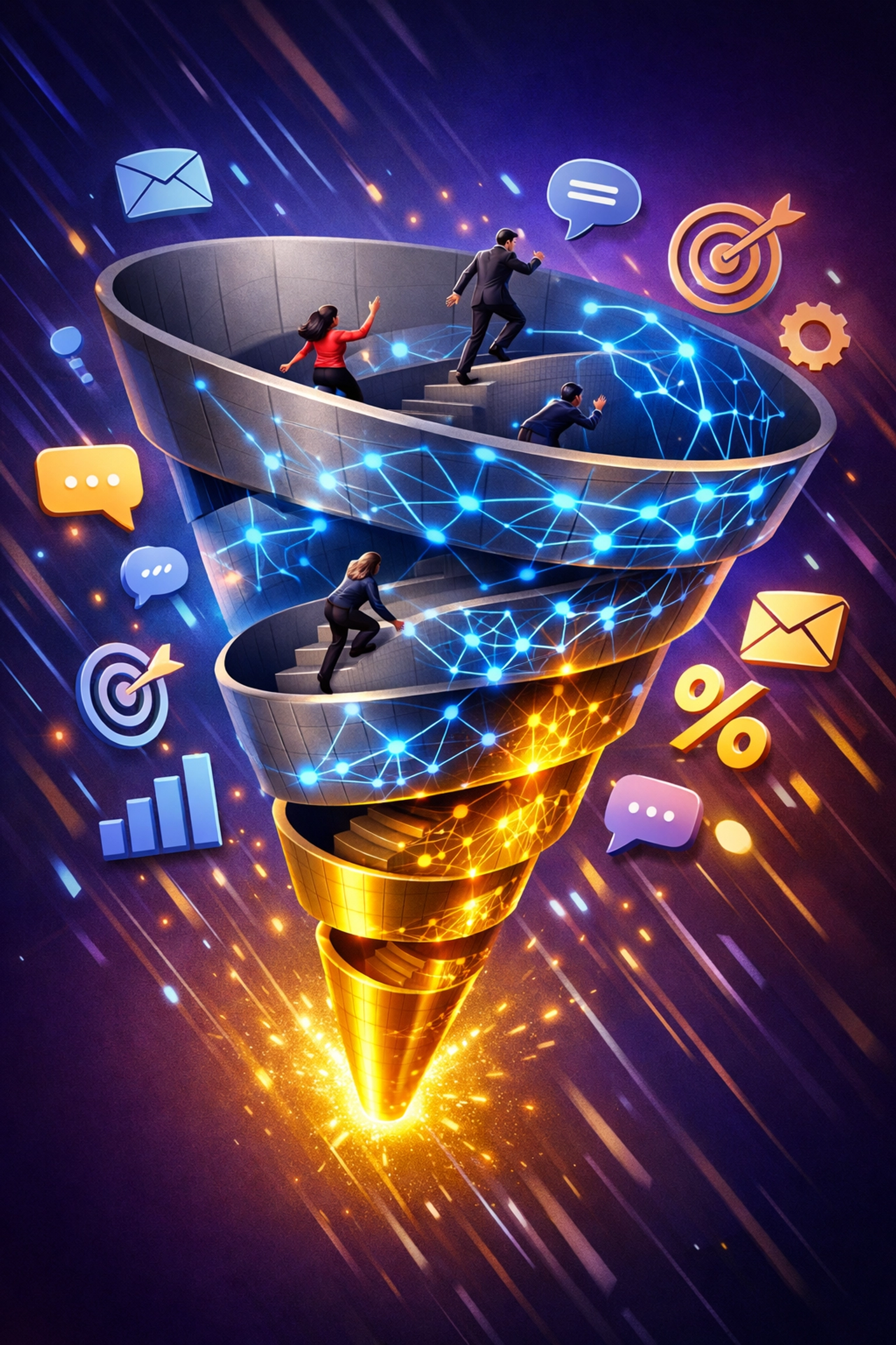 AI-powered conversion funnel illustrating lead scoring and marketing automation improving customer journey