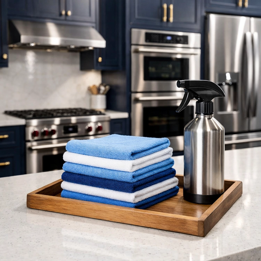 An organized modern kitchen with navy blue cabinets and quartz countertops maintained by housekeeping services.